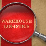 Warehouse Logistics. Magnifying Glass on Old Paper with Red Vertical Line.